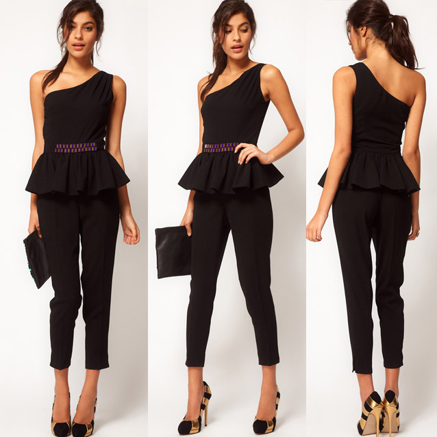 F2333 Elegant Oblique Shoulder Flouncing Jumpsuit